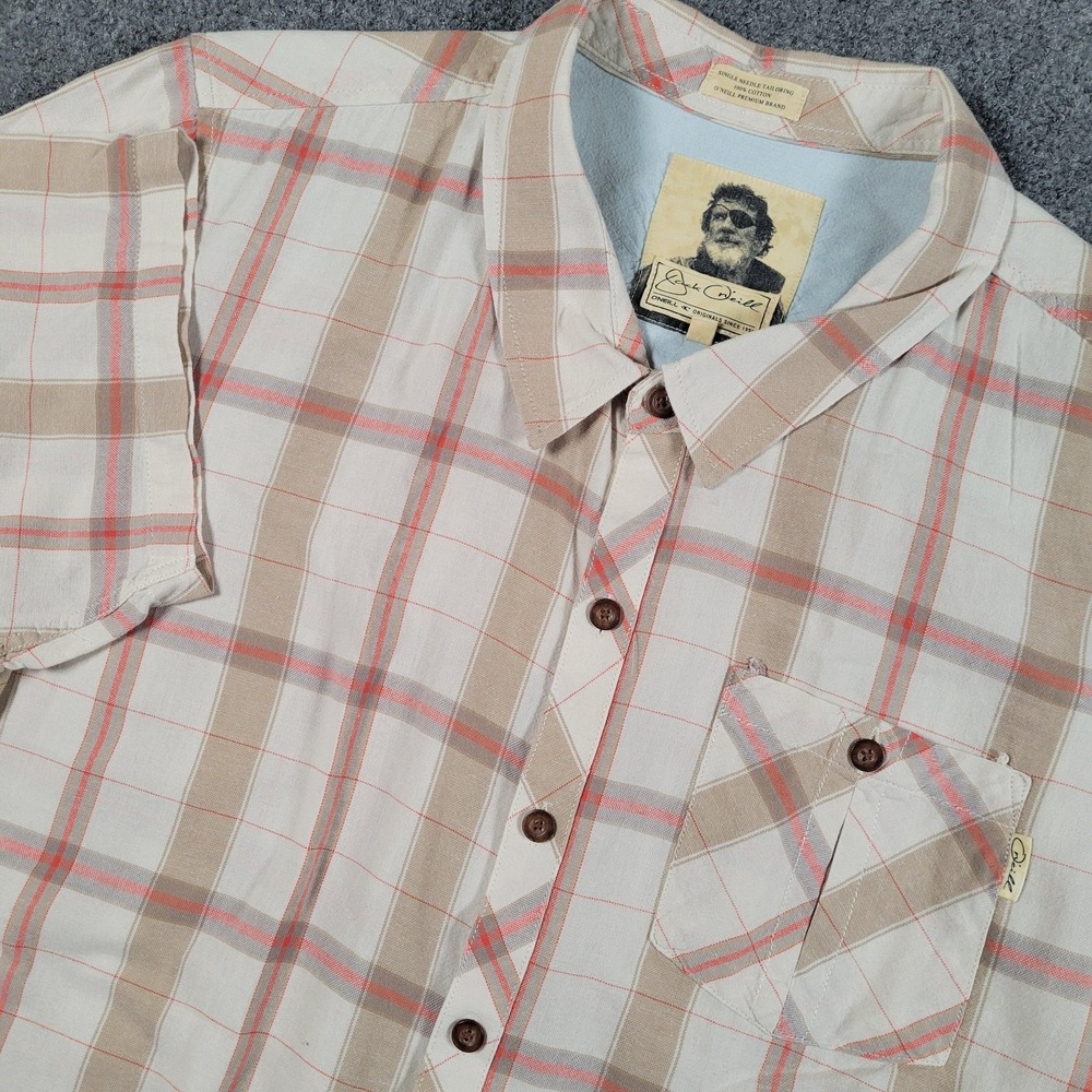 O'Neill Shirt Mens XL‎ Beige Plaid Short Sleeve Button Front Cotton Casual
